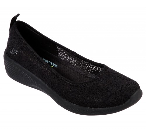 Skechers Arya Airy Days Black Crochet Memory Foam Wedge Shoes - KissShoe