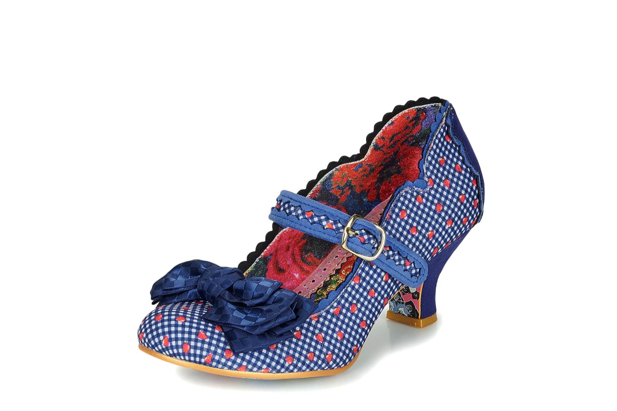 Irregular Choice Summer Breeze Blue Navy Gingham Strawberry Print Mid Heel  Mary Jane Shoes