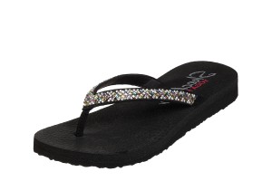 Skechers Vinyasa Unicorn Mist Black Glitter Low Wedge Sandals Flip ...